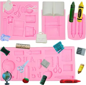 Back to School Silicone Molds 4 Pcs, Book Fondant Mold, Crayon Ruler School Supplies Chocolate Baking Molds for Cake Decoration Cupcake Topper Candy Gum Paste Sugar Craft Resin