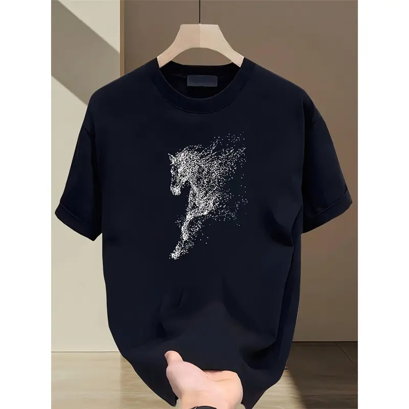 Heavyweight T-Shirt with Horse Head & Mane Graphic - Breathable All-Season Casual Crew Neck Short Sleeve, Durable Everyday Essential Top for Men