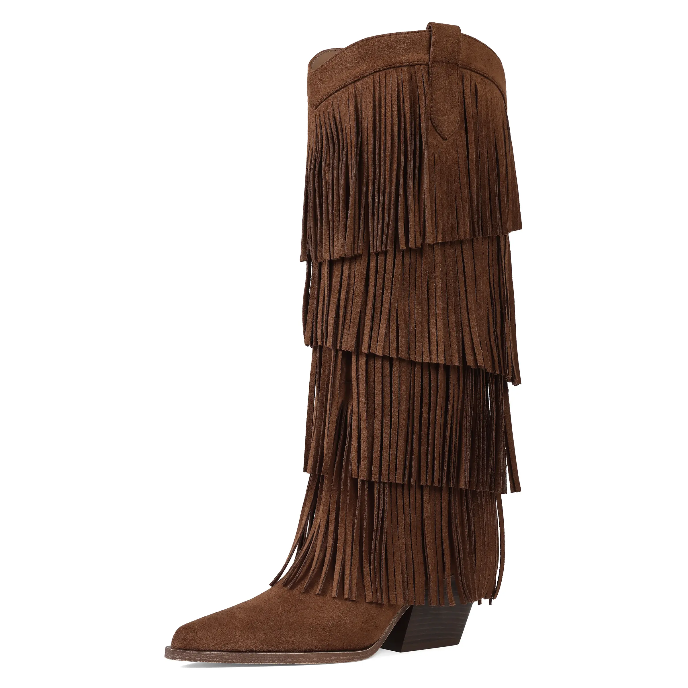 Womens Fringe Western Boots Fashion Square Toe Chunky Low Heel Heel Knee High Cowboy Tassel Boots
