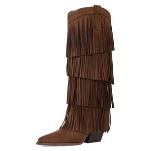 Womens Fringe Western Boots Fashion Square Toe Chunky Low Heel Heel Knee High Cowboy Tassel Boots