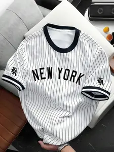 Men's Plus Size Summer Striped Baseball T-Shirt, Vintage Streetwear Style Round Neck Short Sleeve, Casual Daily Wear