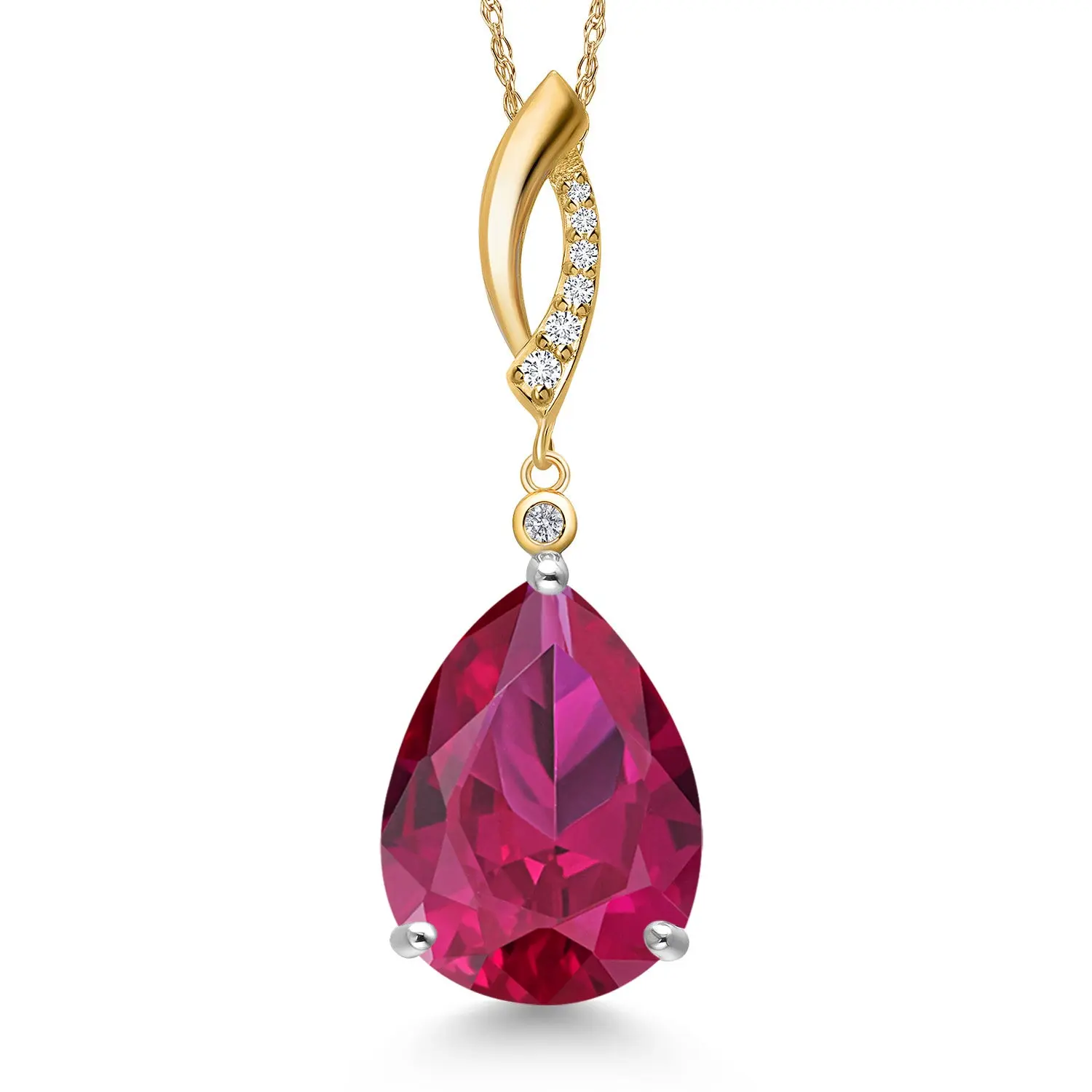 925 Silver and 10K Yellow Gold Red Created Ruby and Lab Grown Diamond Pendant Necklace for Women | 9.70 Cttw | Gemstone July Birthstone | Pear Shape 16X12MM | With 18 Inch Chain