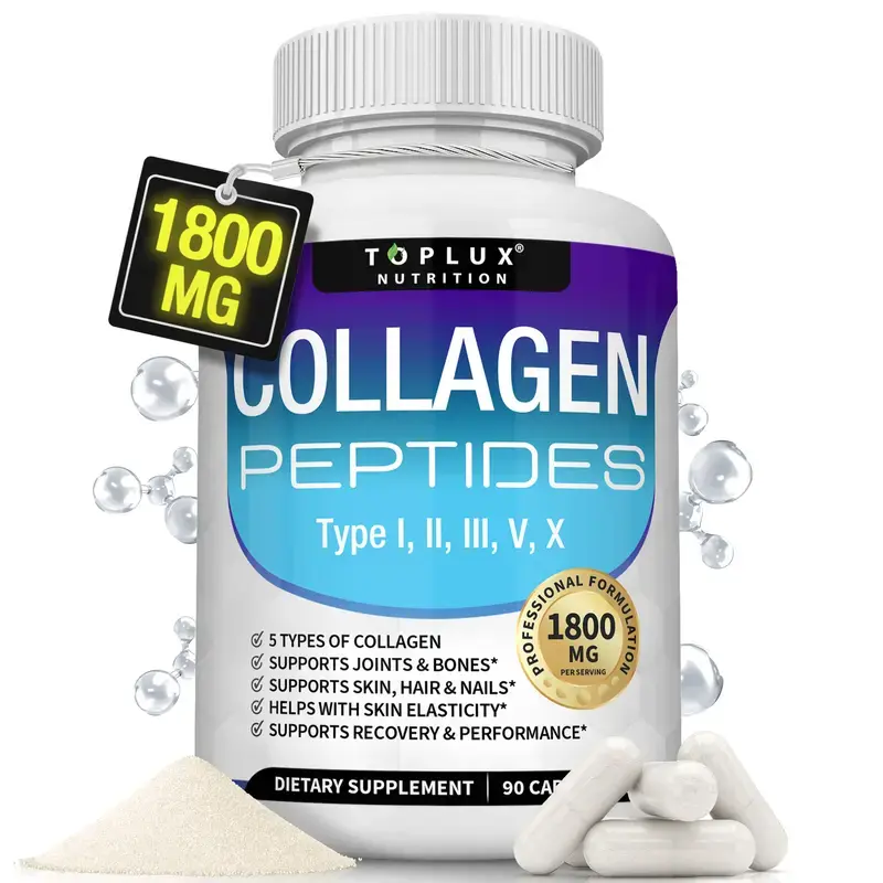 （Flash Sale 1 bottles）Toplux Nutrition Collagen Peptides 5 Types Complex 1800mg US Made Dietary Supplement for Health Beauty Fitness 90 Capsules