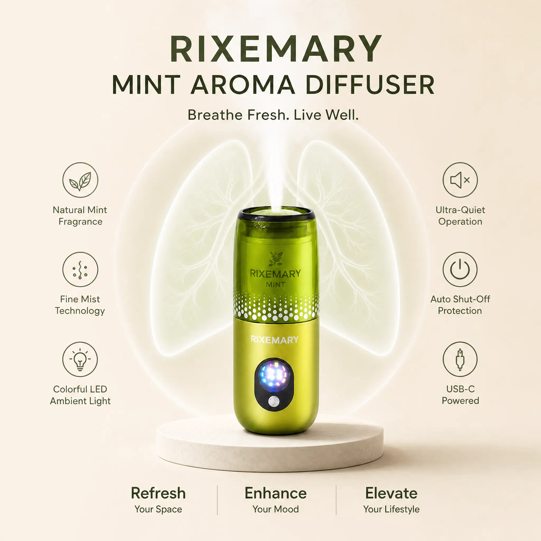 RIXEMARY Compact Portable Waterless Mist Scented Oil Diffuser - 2 Modes, Aromatherapy Home Fragrances, Aromatic Scents, Home Aromas, Freshener, Witchy Aromas, for Hotels, Daily Use