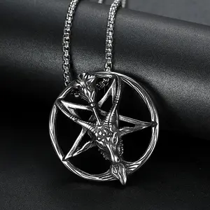 Polished Ram Head Pendant| Titanium Steel Lucifer Pentagram Necklace| Vintage Baphomet Jewelry
