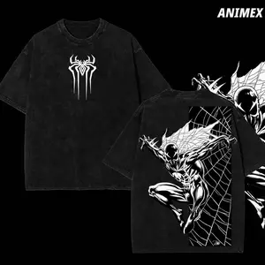 Limited Spidey Venomized Mecha Superhero Comic Double Printed Oversize Lightweight Acid Washed Tee, TV Show Graphic Wash Tee L7D