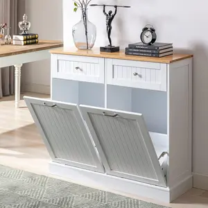 Double Trash Cabinet Tilt Out 20 Gallon, Pet Proof Kitchen Trash Cabinet Laundry Hamper with Cutting Board, Wood Garbage Recycling Station Hideaway Trash Holder Drawers (White)（Black）(Grey)