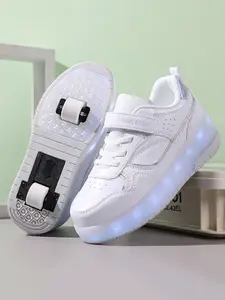 Unisex Dual-Wheel Roller Skates, Adjustable Velcro Kids' Skate Shoes, Breathable PU Leather, LED Light, USB Charge, All-Season
