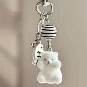 Glacier Series Flocked Cartoon Keychain Polar Bear Ornament 3D Cute Ins Style Bag Charm Gift Decoration