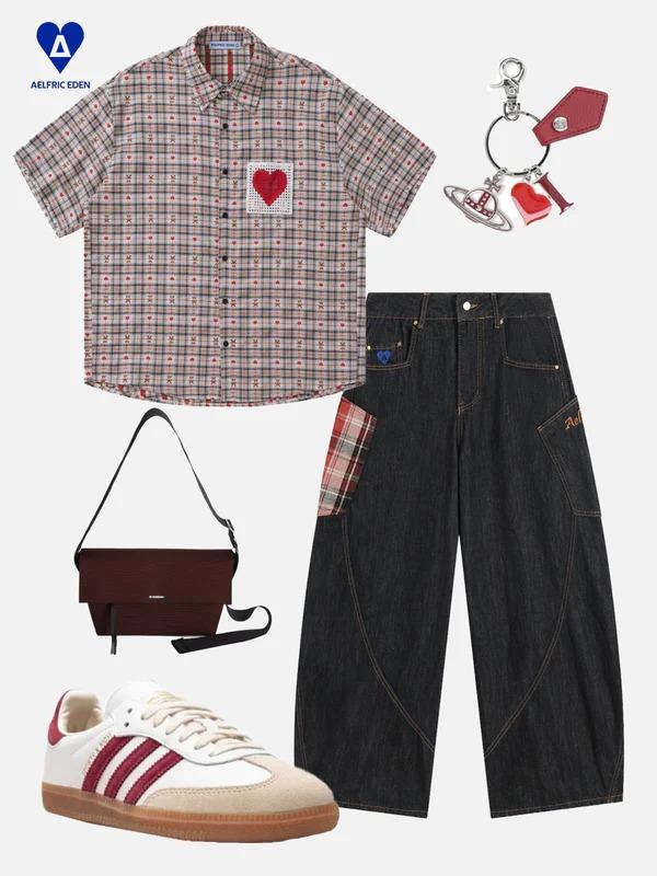 AELFRIC EDEN Super Baggy Jeans Plaid Patchwork Big Pocket Denim Trousers Unisex Vintage Pants Casual Style