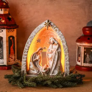 Nativity Sets for Christmas Indoor Holy Family Manger Scene Small Nativity Set with LED Lights Resin Figurine Tealight Candle Holder Tabletop Decor Gift for Holiday(6.7 x 5.5 x 3.9 Inch)