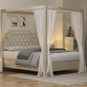 Upholstered Canopy Bed Frame Queen Size with Headboard Button Tufted Nailhead Trim Design No Box Spring Required Natural