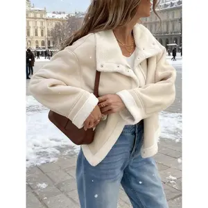 Women’s casual loose fur coats, short lamb wool jackets, bomber jackets, flight jackets, with zipper closures, large lapels and side pocket designs, fashionable cold-resistant coats, street-style long-sleeve tops? gift??