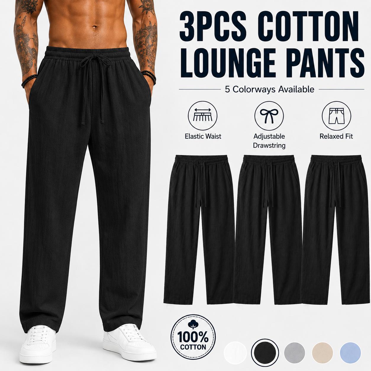 3-pack men’s casual pants, 100% cotton-linen comfortable, soft, breathable, lightweight drawstring pants with pockets, suitable for summer everyday wear, sports, leisure, and outdoor beach activities.