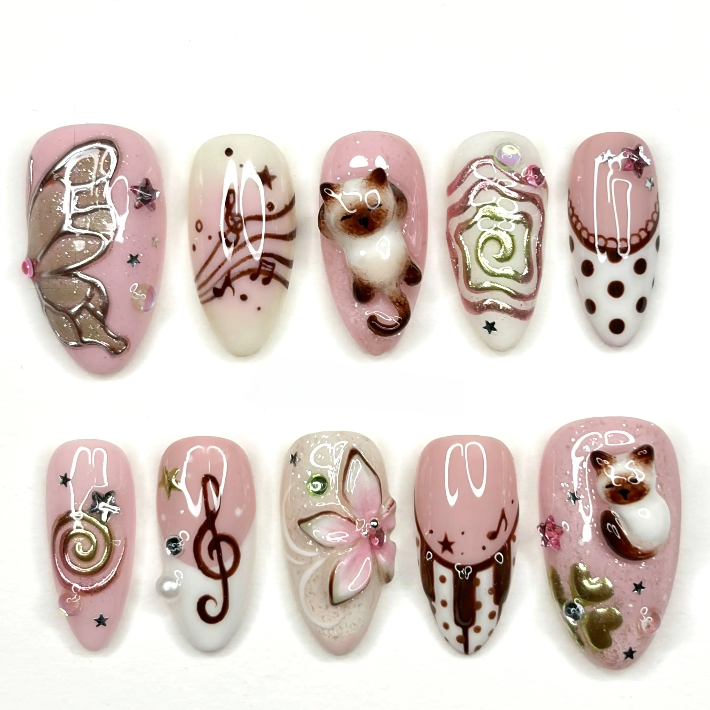 Kawaii Cat Press On Nails, Pink Brown 3D Cat Nails, Butterfly Floral Music Note Cute Y2K Fake Nails | Gift Set (Adhesive Tabs, Nail File, Cuticle Stick)