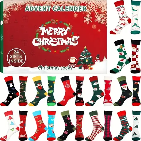 24pcs Socks Holiday Surprise Calendar, Christmas & New Year Countdown, 24 Days Gift Set, No Power Needed, Durable Material, Fun Socks