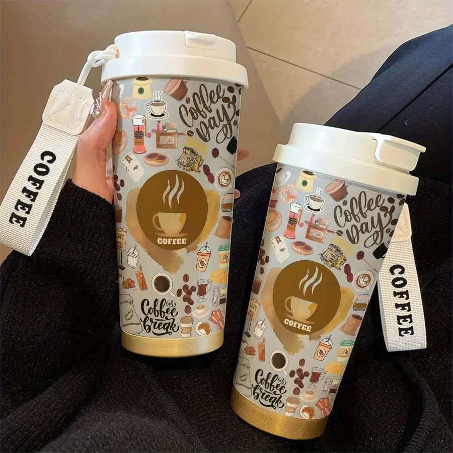 18oz Stainless Steel Insulated Mug with Lid - Coffee-themed design, suitable for both hot and cold beverages, portable travel mug with a handle, perfect gift for coffee lovers, for office, camping, outdoor travel, coffee travel mug