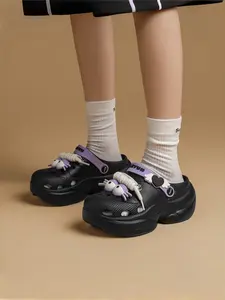 Women's Black-Purple Cartoon Big Eye Clogs: Thick-Soled Dual-Wear, Summer Outdoor Slides