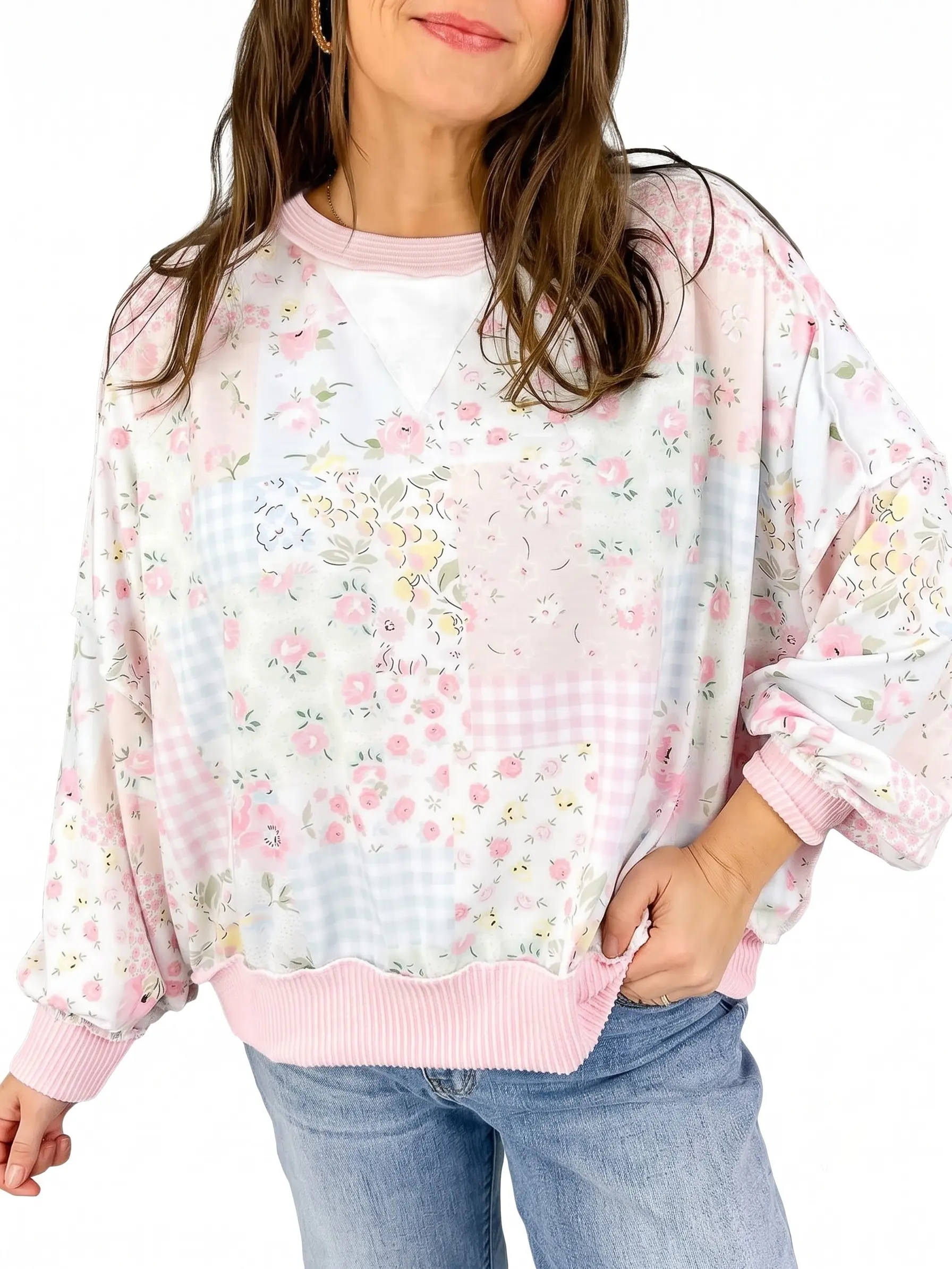 Women's Floral Patchwork Pullover Top Pink Ribbed Trim Long Sleeve Crewneck Sweatshirt Casual Drop Shoulder Blouse