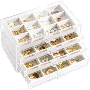 Acrylic Earring Organizer Box Jewelry Holder Organizer with 4 Drawers, Clear Stackable Earring Holder Storage Case with Adjustable Velvet Trays for Women on Dresser Vanity -Warmwhite, 4 Layers