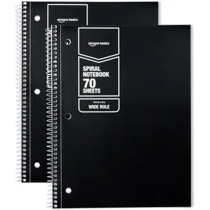 Wide Ruled Spiral Notebook, For Work and School, 70 Sheets, 8" x 10.5", Black, 2 pack