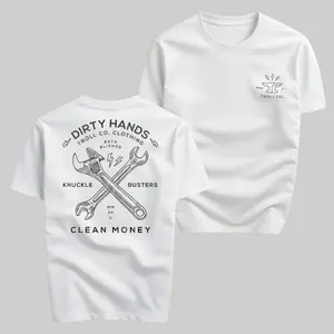 Dirty Hands Clean Money T-Shirt Unisex Graphic Tee Troll Co Clothing with Large Back Print Crossed Wrenches Knuckle Busters Lightning Bold Design Small Chest Logo Vintage Streetwear Style