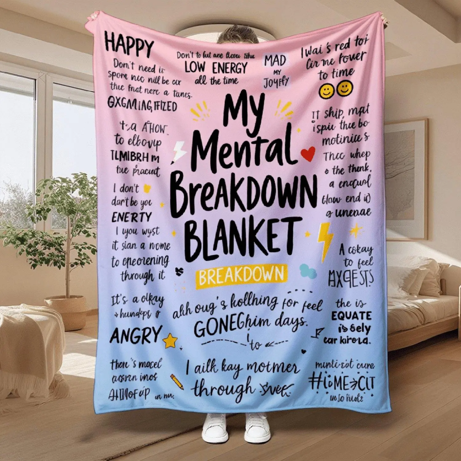 1pc Flannel Blanket Happy Mental Breakdown Blanket Pattern Soft, Warm, and Tear Resistant, Machine Washable, Suitable for All Seasons, Perfect for Home Decor, Camping, and Travel