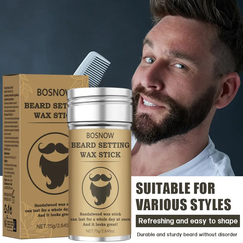 BOSNOW BEARD SETTING WAX STICK, Net:75g/2.645oz, sandalwood formula, all-day long-lasting hold, refreshing & easy to shape, fits various beard styles to keep beard neat without mess.
