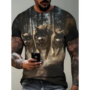 High Qualityhigh QualityMen's 3D Digital Print Short Sleeve T-Shirt with Wolf Pattern, Men's 3D Wolf Print T-Shirt, Men's Wolf Art T-Shirt, Men's Spirit Wolf T-ShirtLeisure and FashionLeisure and Fashion