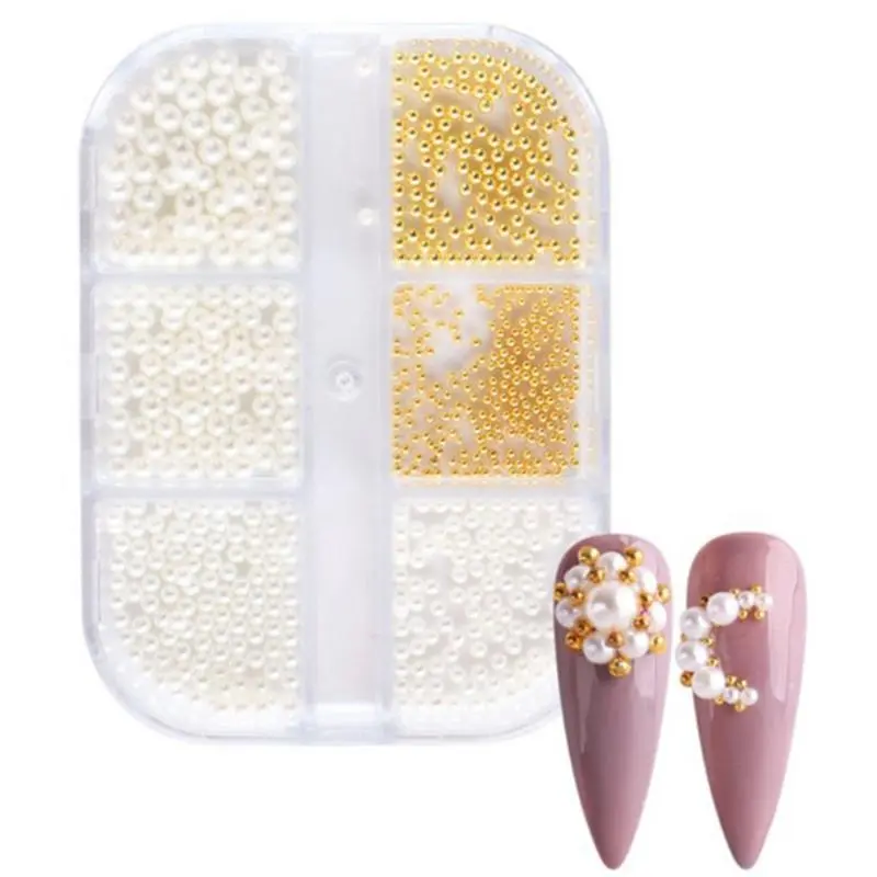 1Box Pearl Decorations Nail Charms White Round Nail Parts Gold Steel Beads Balls Jewelry Nail Art Accessories Color:ZZ01