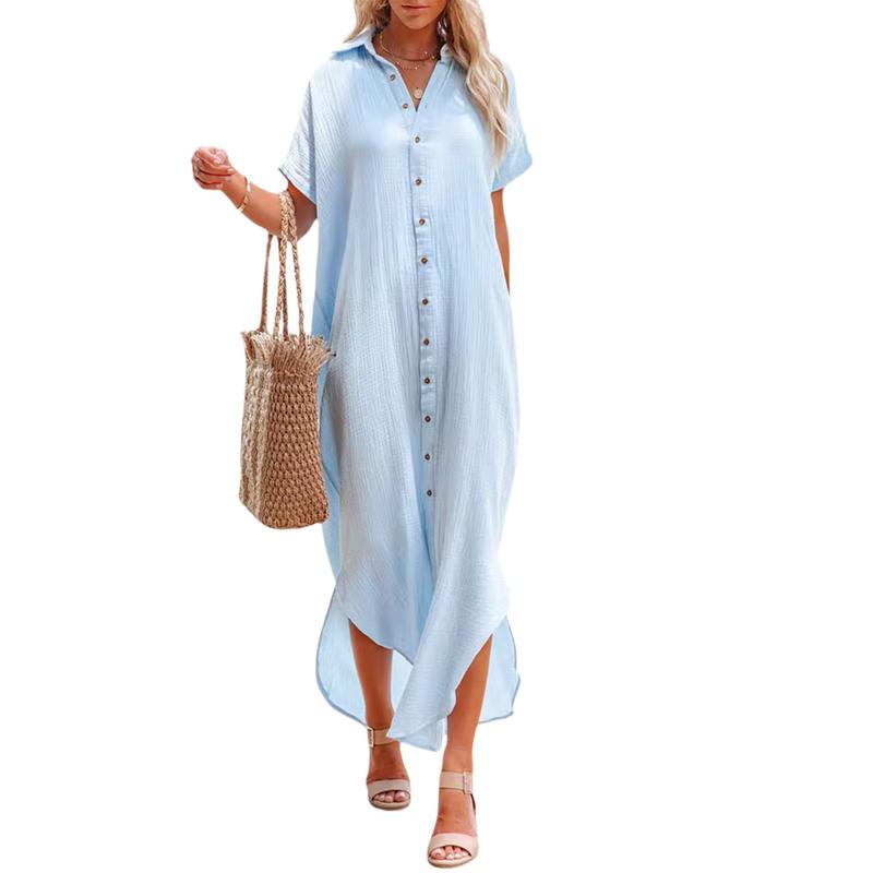 Women Maxi Shirt Dress Short Sleeve Button Down Long Kimonos Cardigans Side Slit Loose Cover Up Beach Sundress