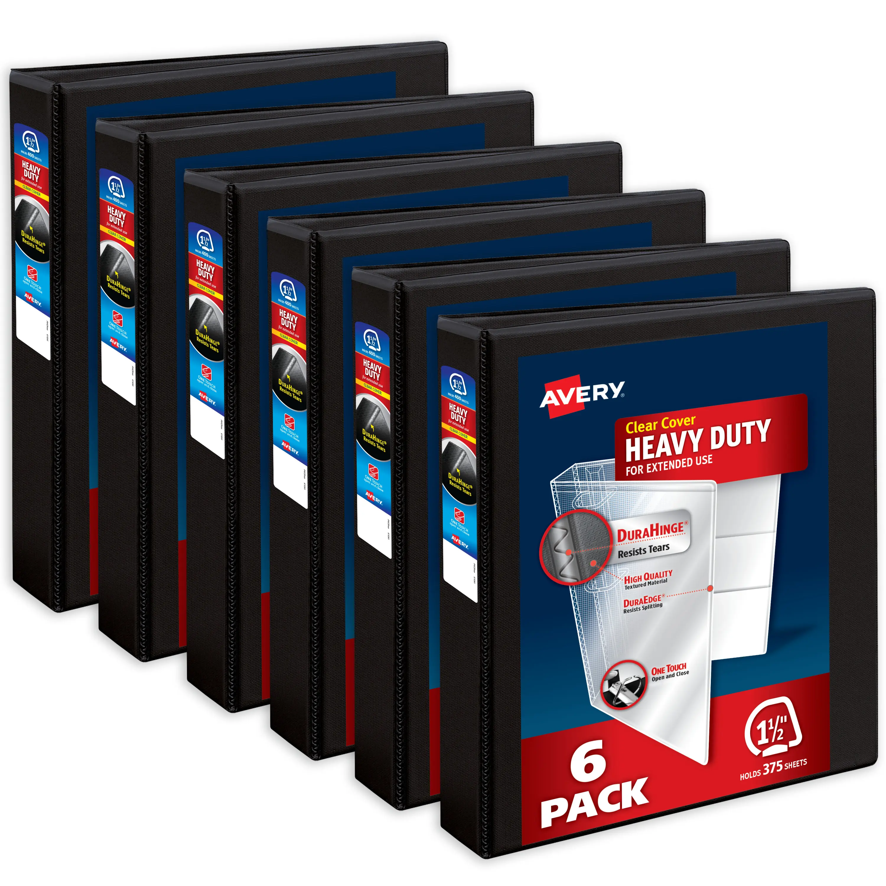 Avery Heavy-Duty View 3-Ring Binders (6-Pack, 79097) - 1.5in 1-Touch Slant Rings, 375-Sheet Capacity, DuraHinge, 2.1in Wide Spine, Customizable Cover & Spine, Black, School & Presentation Binders, School Binders