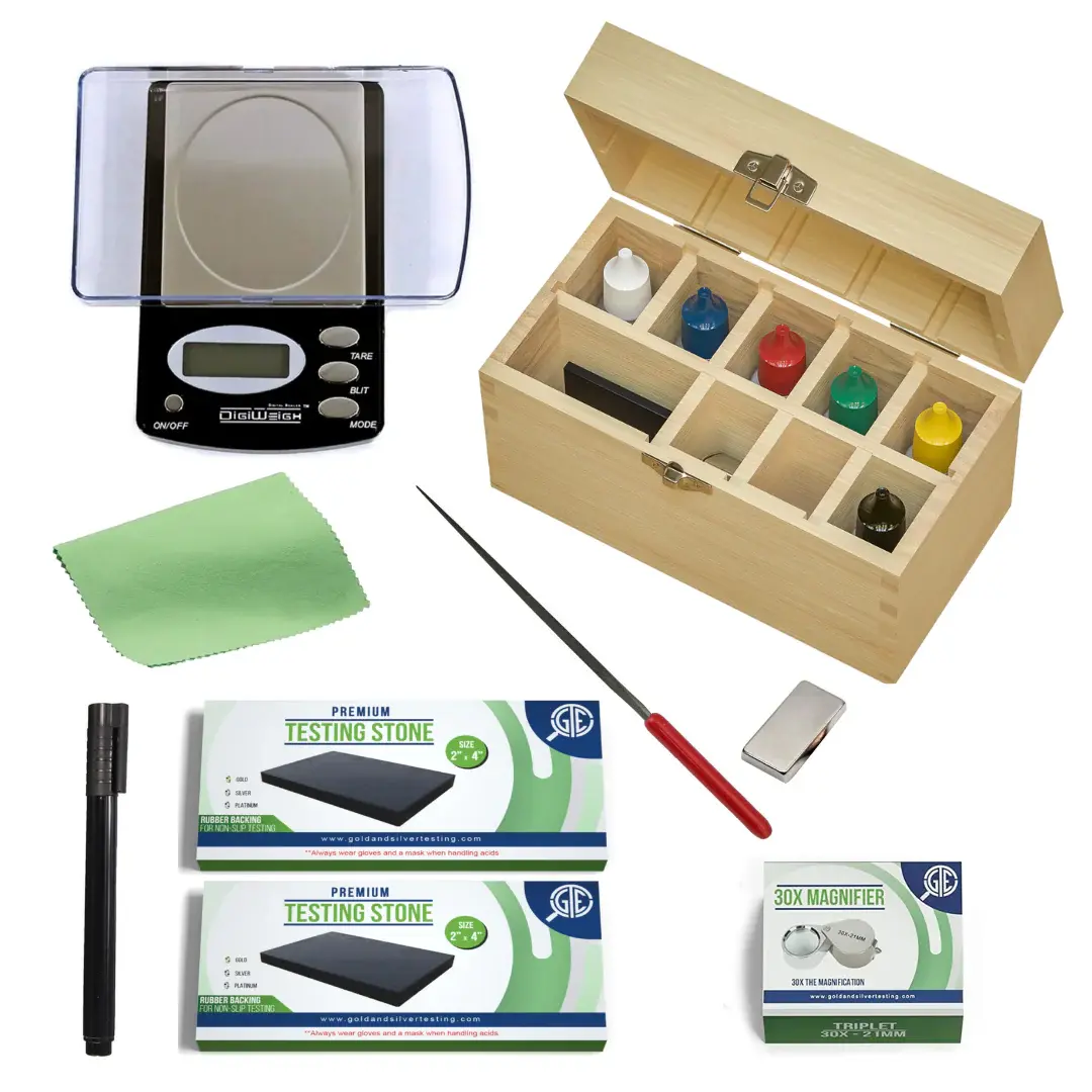 GTE Ultimate Metal Detector Testing Tool Kit, 13-Piece Hardware Bundle with Gold, Silver & Platinum Testing Acids, Scale, Portable Storage Box & More
