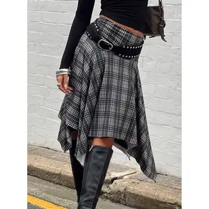 Scholar Asymmetrical Midi Skirt Grey Check