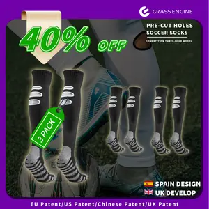 3 set Pre Cut Grip Soccer Socks with 3 Holes, Anti-Cramp Professional No Slip Knee High Football Athletic Socks for Men