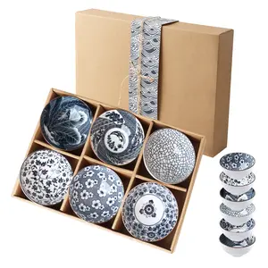 6 Pack Ceramic Bowls, Japanese Style , 10 Ounces Thickening Blue and white porcelain Rice /Cereal Bowls for Kitchen, Suitable for microwave, ovens, dishwashers (mixing)