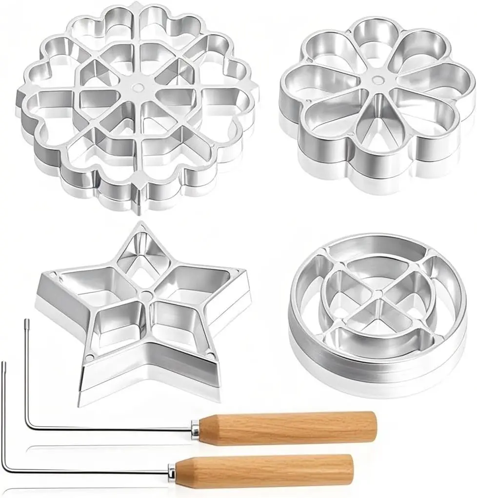 6-Piece Alloy Bunuelos Molds with Handles - Rosette Timbale Iron Set with 2 Interchangeable Heads, Flexible Cookiecutter Baking Supplies Kit for Biscuit Lovers, Anniversaries, Birthdays