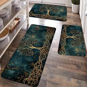 2/3pcs Retro Tree of Life Mandala Green Leaf Pattern Kitchen Carpet, Soft Flannel Floor Mat, Anti slip and Anti fatigue, Suitable for Kitchen, Laundry Room, Entrance Door, Boho Runner Rug, Non slip rug