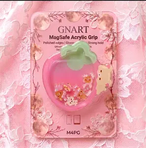 Kawaii Strawberry Bear Shaker Phone Grip | Cute Pink Fruit Acrylic Phone Holder with Moving Glitter | Pastel Coquette Aesthetic Gift for Kindle