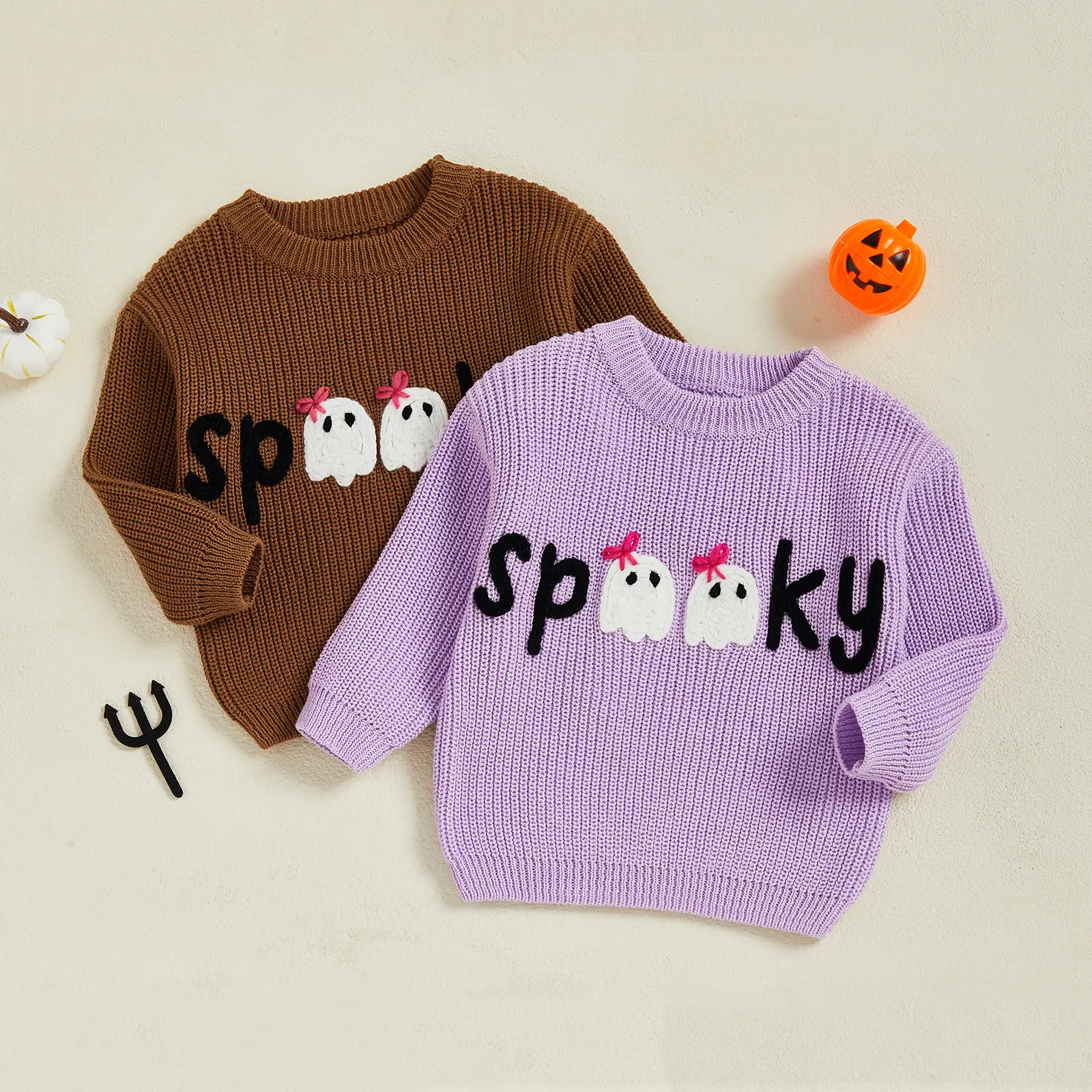 Toddler Baby Boy Girls Halloween Knit Sweater Long Sleeve Letter Ghost Embroidery Pullover Knitwear 0-5 Years
