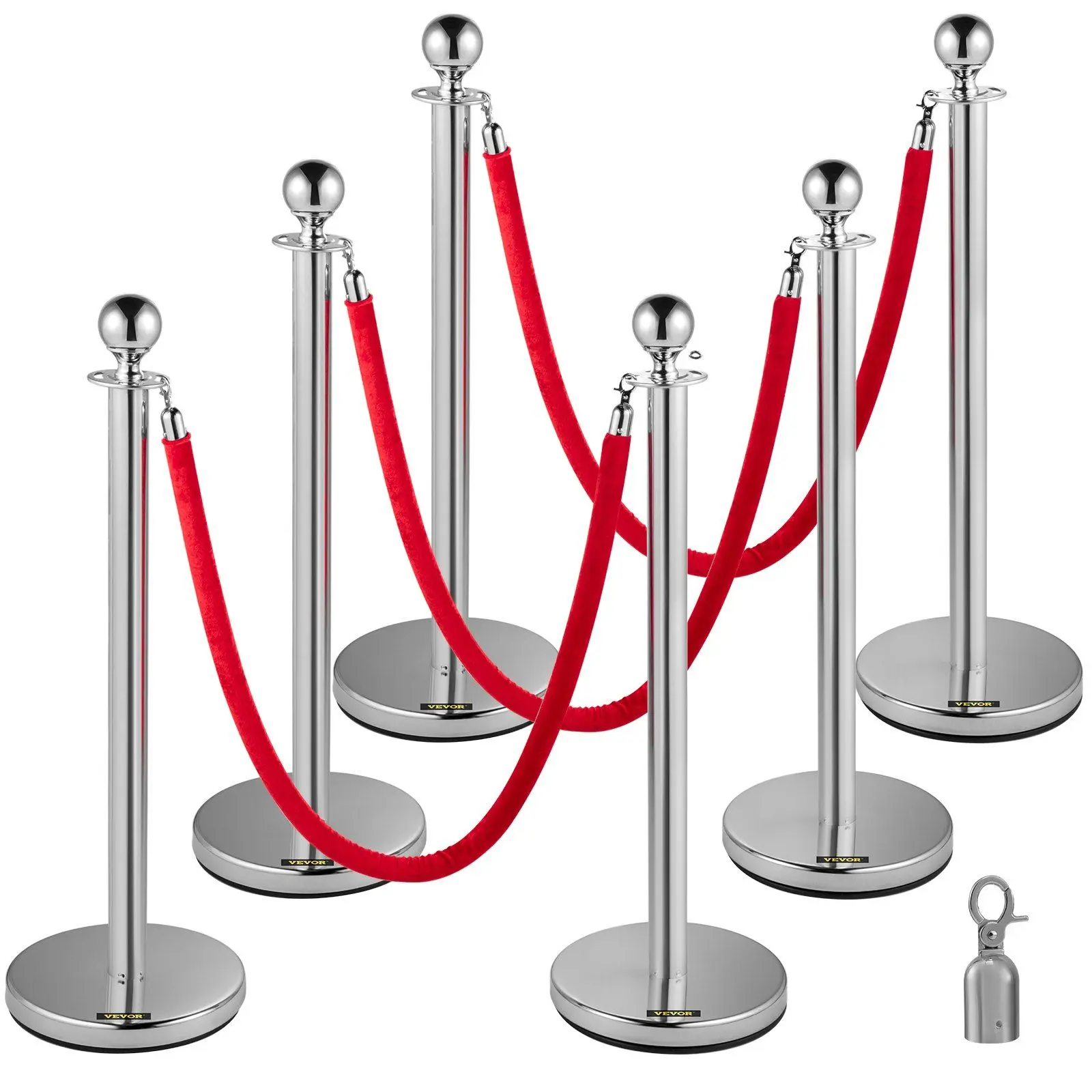 VEVOR Crowd Control Queue Line Barrier, 6PCS Red Rope Stanchions with Silver Posts