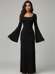 Elegant Women's Square Neck Flared Sleeve Long Dress, Slim Fit Waist Cinching, Stylish Casual Wear Fall & Spring Fashion, Chic Bodycon Maxi Dress, Fitted, Womenswear