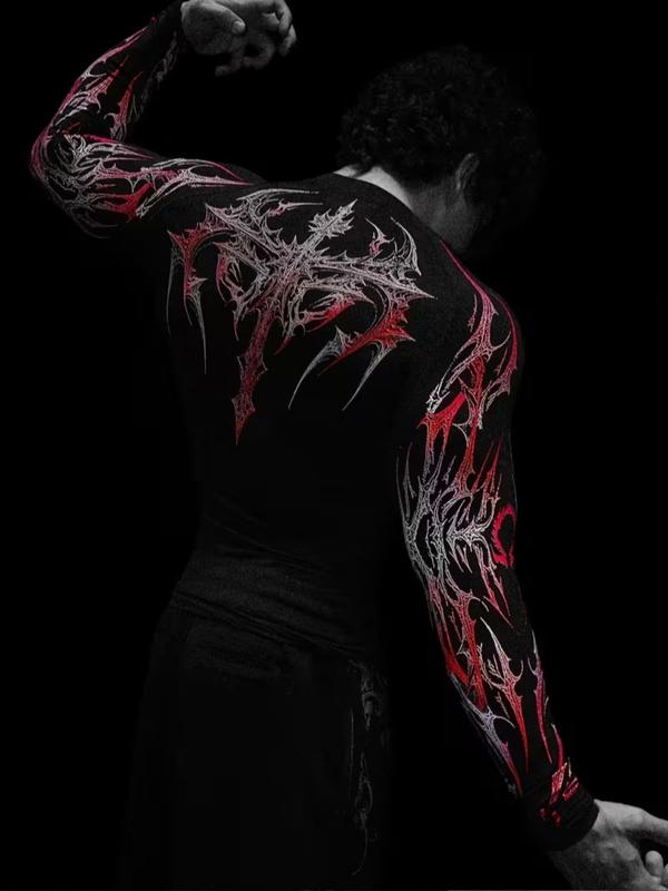 Men's Professional Sports Quick-Dry Fitness Shirt, Gothic Print Long Sleeve, High Elasticity, Round Neck, Moisture-Wicking, Running, Training, Daily Wear, Athletic Top