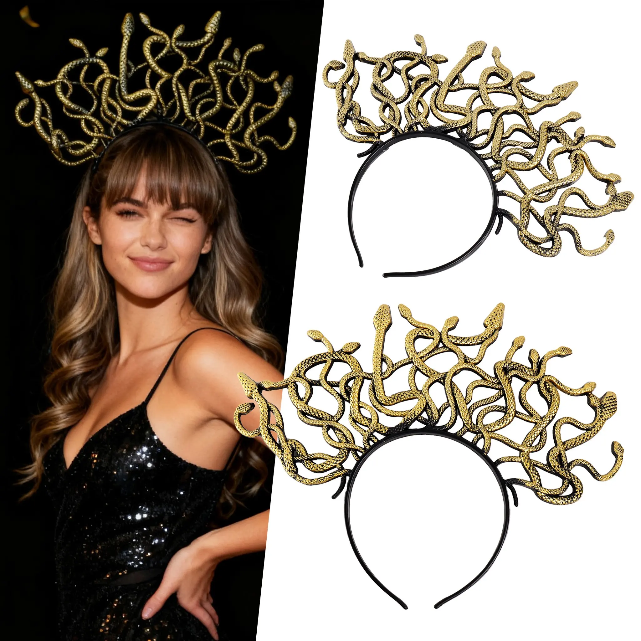 Gold Snake Headband Medusa Headpiece for Costume Cosplay Carnival Party Gold Medusa Snake Headband - Costume Accessories | Party City main image 2