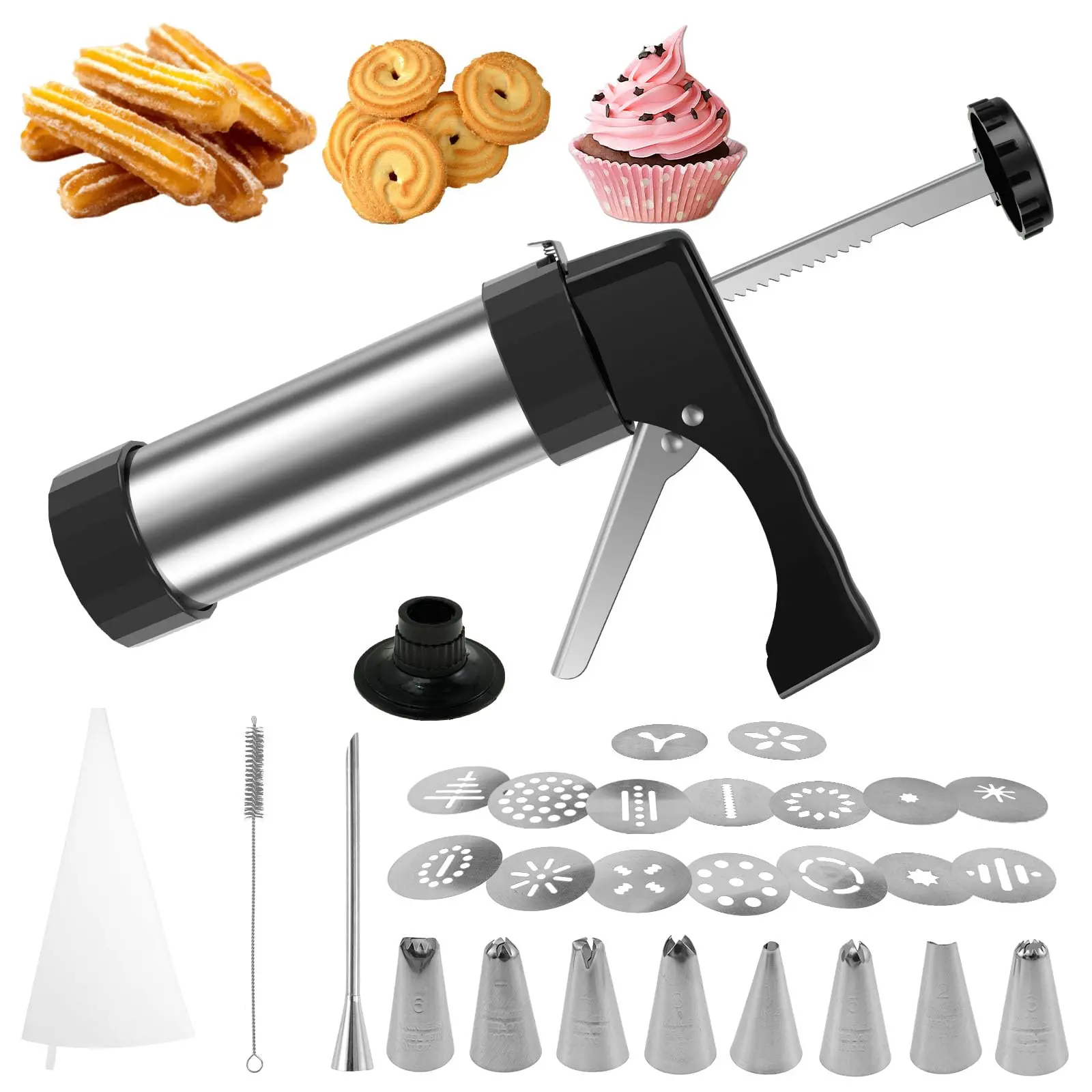 Churro Maker Machine - Stainless Steel Churros Kit  3-in-1 Multifunctional Cookie Press With Piping Bag 8 Nozzles And 16 Discs For Making Cake Diy