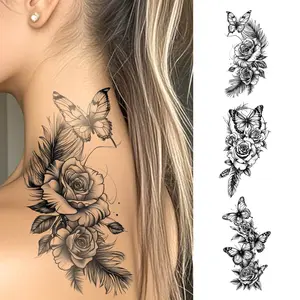 3pcs Fashion Black Waterproof Temporary Tattoo Stickers Peel Off Tattoo With Butterflies And Roses For Men And Women, Suitable For Arms, Neck, Shoulders, Waist, Legs, And Body Art Fake Tattoos. Perfect For Parties And Music Festivals.