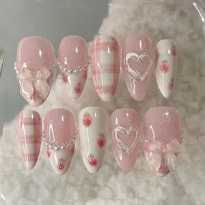 Pink Strawberry Heart Press On Nails, 3D Bows, Pearls & Plaid Accent, Soft Glossy Almond Nails