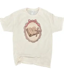 Vintage Frame With Bible And Cross on Cream Shirt