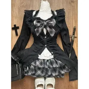 Women’s Autumn/Winter Lolita Y2K Coquette Gyaru Rave Birthday Outfit, 3-Piece Set: Long-Sleeve Top + Bow Camisole + Hot Mini Skirt