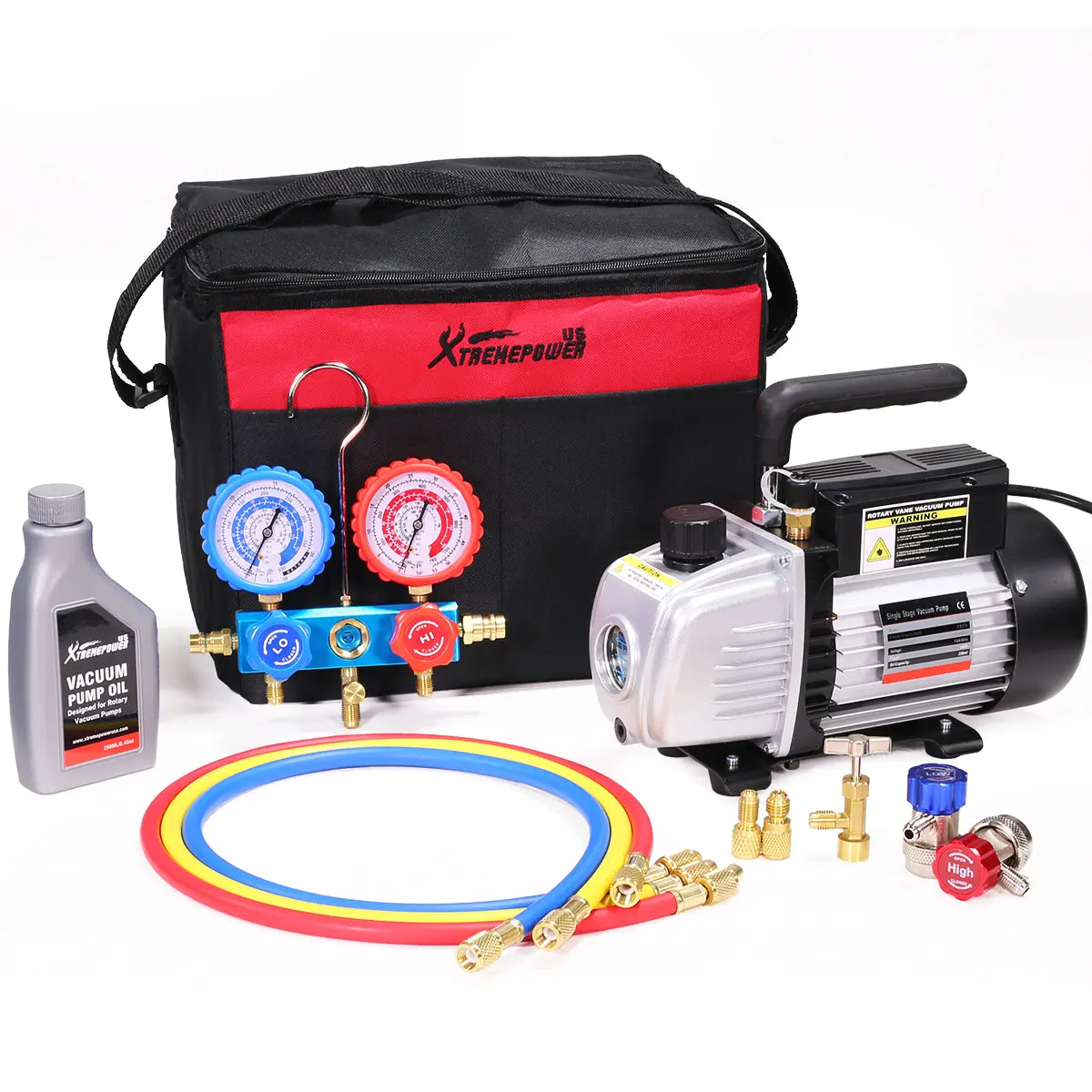 XtremepowerUS 71093 120V Vacuum Pump - 3.5CFM, 1/4HP, 120V HVAC Refrigeration AC Manifold Gauge Kit (Default Configuration)